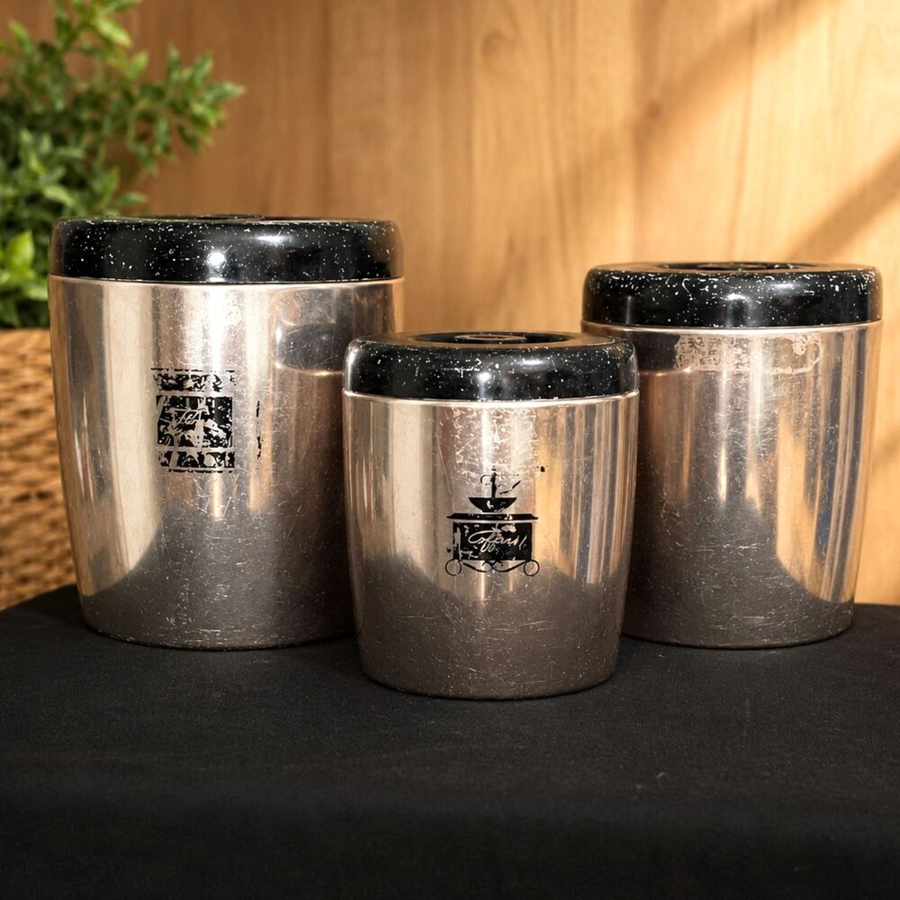 Vintage West Bend Stainless Steel Canister Set Black Speckled Lids MCM USA 3pc